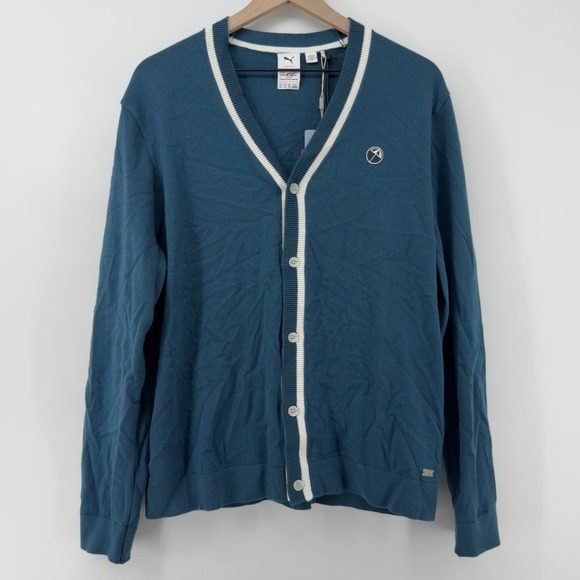 Puma Arnold Palmer Kings Cardigan Golf Sweater Teal Men L Alpaca